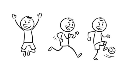 Joyful group of three stick figure children playing and running with a ball on an isolated white background, full of energy and happiness.