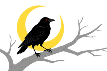 Obraz premium Raven on branch with crescent moon