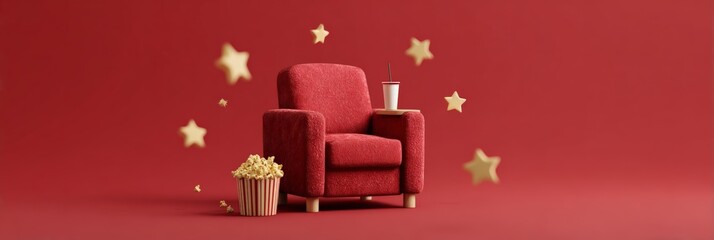 Red movie theater chair on a red background, featuring a bucket of popcorn, a drink cup, and golden stars floating around, creating a concept of entertainment, cinema, and awards