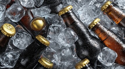 Frosty Bottles of Beer Packed in Ice Cubes with Crisp Texture and Golden Caps Ideal for Refreshing Summer Moments
