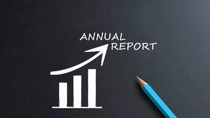 White bar graph with rising arrow and 'Annual Report' text on a textured dark background with a blue pencil, symbolizing financial growth and analysis.