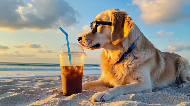 Cool golden retriever dog wearing sunglasses and relaxing on a sandy beach at sunset. Humorous pet enjoying a summer vacation with a refreshing iced coffee by the sea