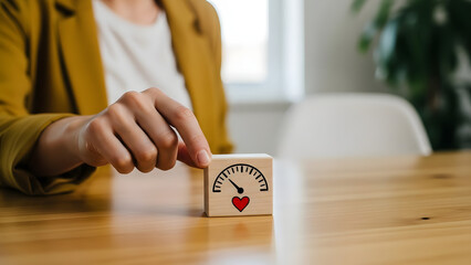 Person's hand interacts with a wooden block showing a heart meter, symbolizing high emotional well-being, customer satisfaction, or positive feedback