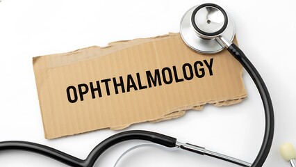 Ophthalmology medical concept with a stethoscope and word on cardboard against white background, studio shot, close-up