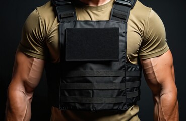 Fototapeta premium Torso view of muscular man. Man wears bulletproof vest on body against dark background. Army soldier big biceps. Confident brave warrior stands in uniform. Bodyguard protects. Tactical equipment used.