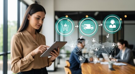 Woman Manages Supply Chain via Tablet Technology with Global Network Visualization in Modern Office