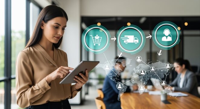 Woman Manages Supply Chain via Tablet Technology with Global Network Visualization in Modern Office - Powered by Adobe
