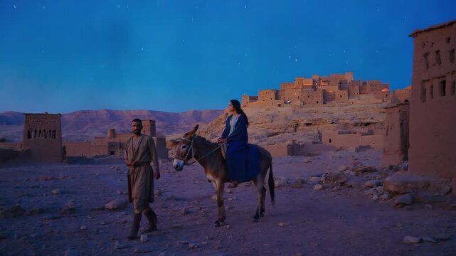 Mary and joseph traveling to bethlehem on a donkey through a desert town. A religious scene depicting the holy family's journey for the christmas nativity