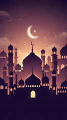 Silhouette of Mosque with Crescent Moon and Starry Sky During Sunset