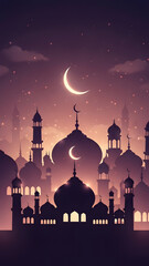 Silhouette of a Mosque with Crescent Moons and Stars at Sunset