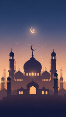 Silhouette of a Mosque with Minarets and Domes Against a Twilight Sky with Crescent Moon and Stars