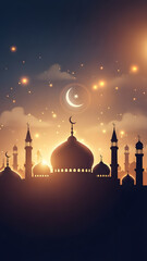 Silhouette of Mosque with Crescent Moon and Stars in the Night Sky During Sunset