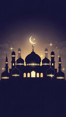 Silhouette of a Mosque with Crescent Moon and Stars at Night