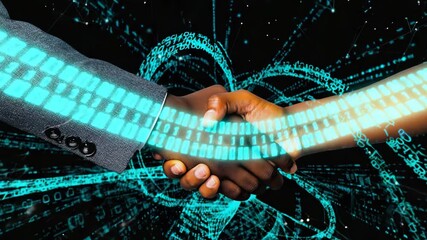Two businessmen shaking hands with a futuristic data overlay. Conceptual composite for blockchain technology, fintech innovation and secure digital contract agreement - Powered by Adobe