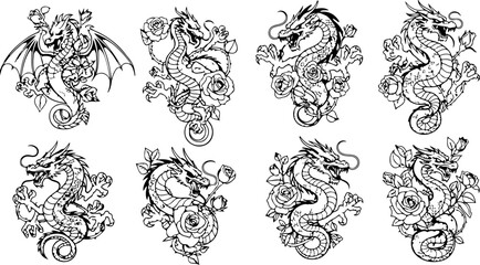 Japanese Dragon and Floral Tattoo Design Set