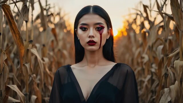 Spooky portrait of a young asian female with blood tear makeup in a cornfield at sunset. Gothic horror concept for a halloween party or fantasy themed web banner