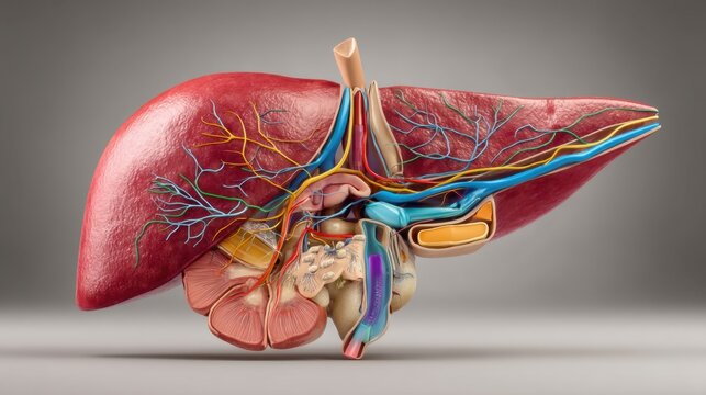 Detailed Medical Illustration of Liver Anatomy with Vascular and Bile Duct Components