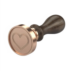 Antique brown wax Heart seal stamp isolated on white wood background with a copper metal lock and clipping path