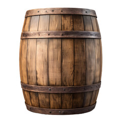 A close-up image of a wooden barrel, typically used for storing and aging liquids such as wine or spirits. The barrel has a rustic, weathered appearance with metal hoops securing the staves.