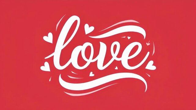 White calligraphy love text animation with hearts on red background for valentine concept
