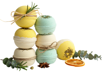 Artisanal bath bombs (yellow, off-white, green, blue-grey) featuring rosemary, dried orange, raffia, on white backdrop with copy space, soft studio light, luxury organic skincare concept