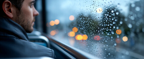 Young man looking thoughtfully out of a rain-covered bus window during evening with blurred city lights in background