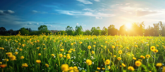 Golden Meadow Under the Sky: A radiant sun bathes a vast meadow in golden light, its surface a sea of vibrant yellow blooms reaching towards a cloud-dotted sky.