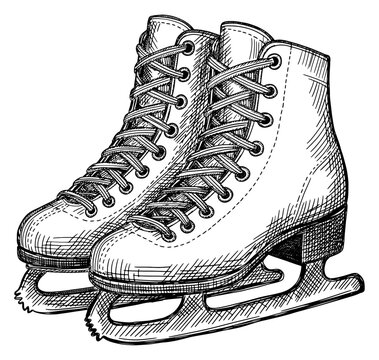 ice skates pair isolated hand drawn sketch winter sport figure skating ice hockey card design element line art detailed vector illustration