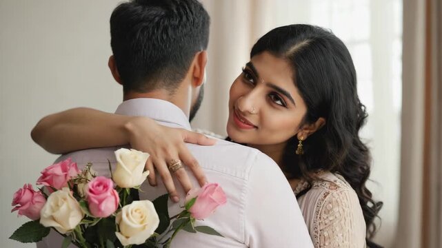 Beautiful young indian woman embracing her husband from behind while holding a bouquet of roses. Romantic couple celebrating a special occasion like an anniversary or date