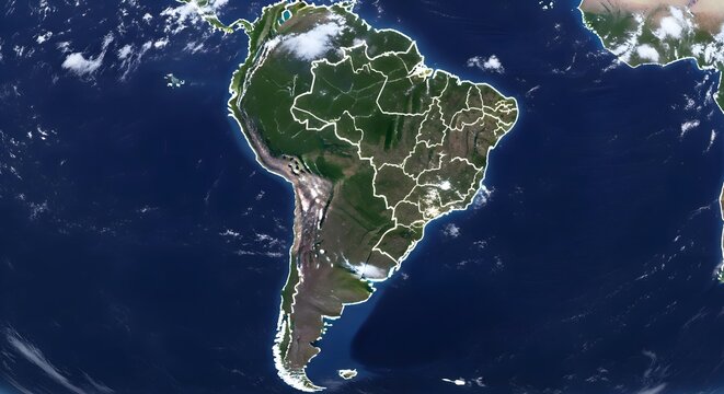 Satellite view of South America from space showing lush green forests, mountains, rivers, and coastlines, highlighting Earth geography, environment, climate diversity, and continental landscape