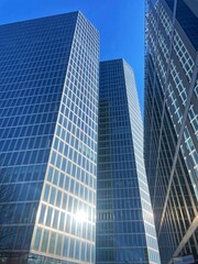 Obraz premium Modern Glass Skyscrapers with Skybridges Against Clear Blue Sky