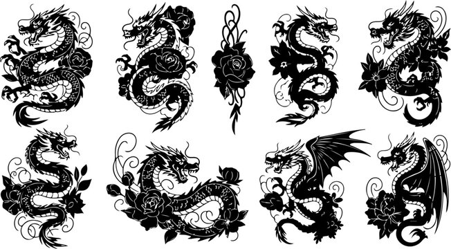 Japanese Dragon and Floral Tattoo Flash Art Collection Set