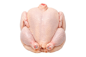 Raw whole chicken with skin, an uncooked poultry carcass ready for baking or grilling, isolated on transparent background