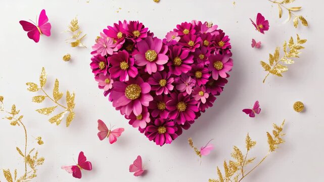 Romantic heart made of pink paper flowers with golden glitter centers and sparkling leaves. Elegant festive background with butterflies for valentine's day, wedding, or mother's day