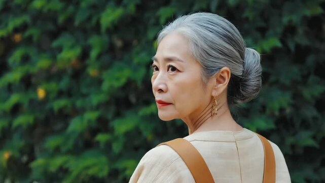 Elegant senior asian woman with grey hair turning her head in a sequence of three frames. Graceful mature female portrait showing wisdom and experience over time. Concept for healthy aging