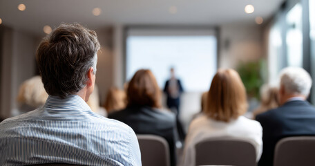Fototapeta premium Audience listening to a speaker during a professional seminar or conference in a modern meeting room with blurred background