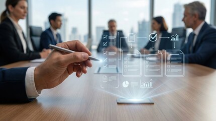 Business meeting with document workflow and checklist management interface,team collaboration on data analysis and performance tracking,corporate strategy planning