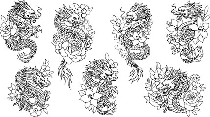 Japanese Dragon and Floral Tattoo Flash Art Collection Set
