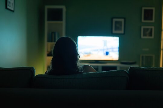 woman watch tv on safe in the dark. Binge watching and mental dissociation