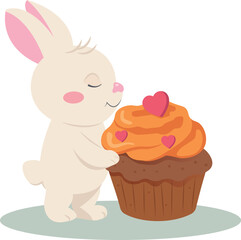 Cute Bunny with Cupcake &ndash; Adorable Cartoon Rabbit Holding Dessert