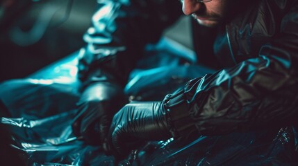 A person, gloved hands, examines something in a dark, blue-lit environment