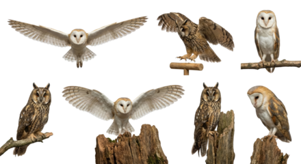Owl Collection: Barn Owl and Long-Eared Owl in Flight and Perched