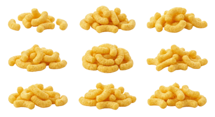 Crunchy Puffed Corn Snacks Piles Isolated on White Background