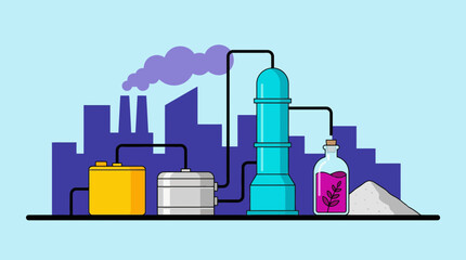 Obraz premium Vector illustration of chemical processing plant with tanks, tower and product bottle, concept for manufacturing diagram, biofuel development and cosmetic industry presentation