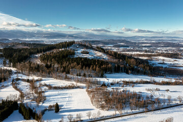 Mountain landscape in winter, view from a drone.