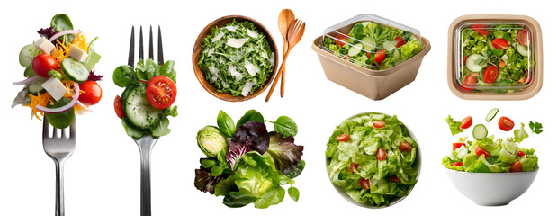 Collection of salad, vegetable greens leafy protein, takeaway box, on fork, wooden bowl fork spoon, many variety base topping dressing ingredient, transparent cutout PNG. Mockup design