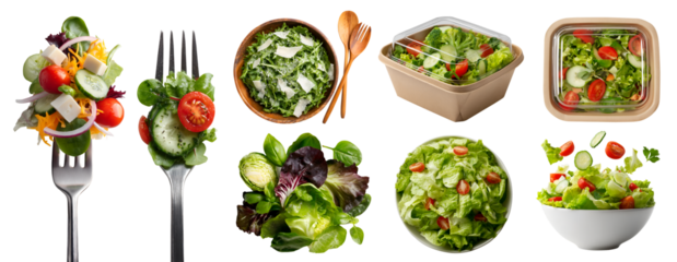 Collection of salad, vegetable greens leafy protein, takeaway box, on fork, wooden bowl fork spoon, many variety base topping dressing ingredient, transparent cutout PNG. Mockup design