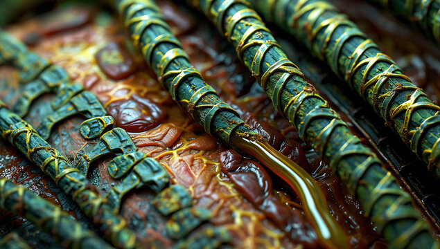 Close-up of green and yellow wrapped rebar on rusty, molten metal surface with golden liquid flow