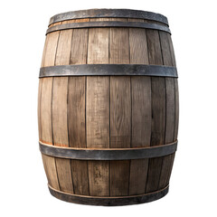A close-up image of a weathered wooden barrel with metal hoops, set against a transparent background.