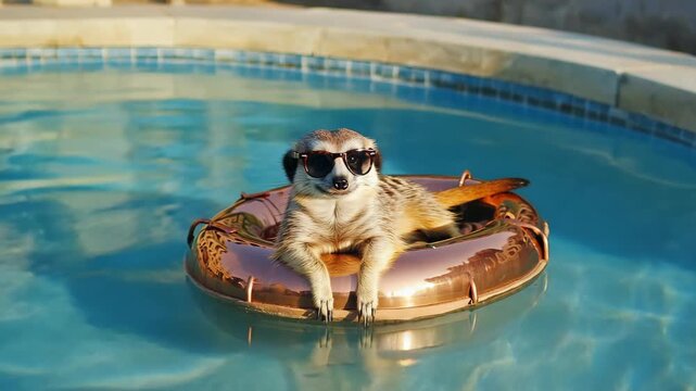 A cool meerkat in sunglasses floats on a rose gold inflatable ring in a blue swimming pool. Surreal animal meme for summer holiday, travel and relaxation concepts